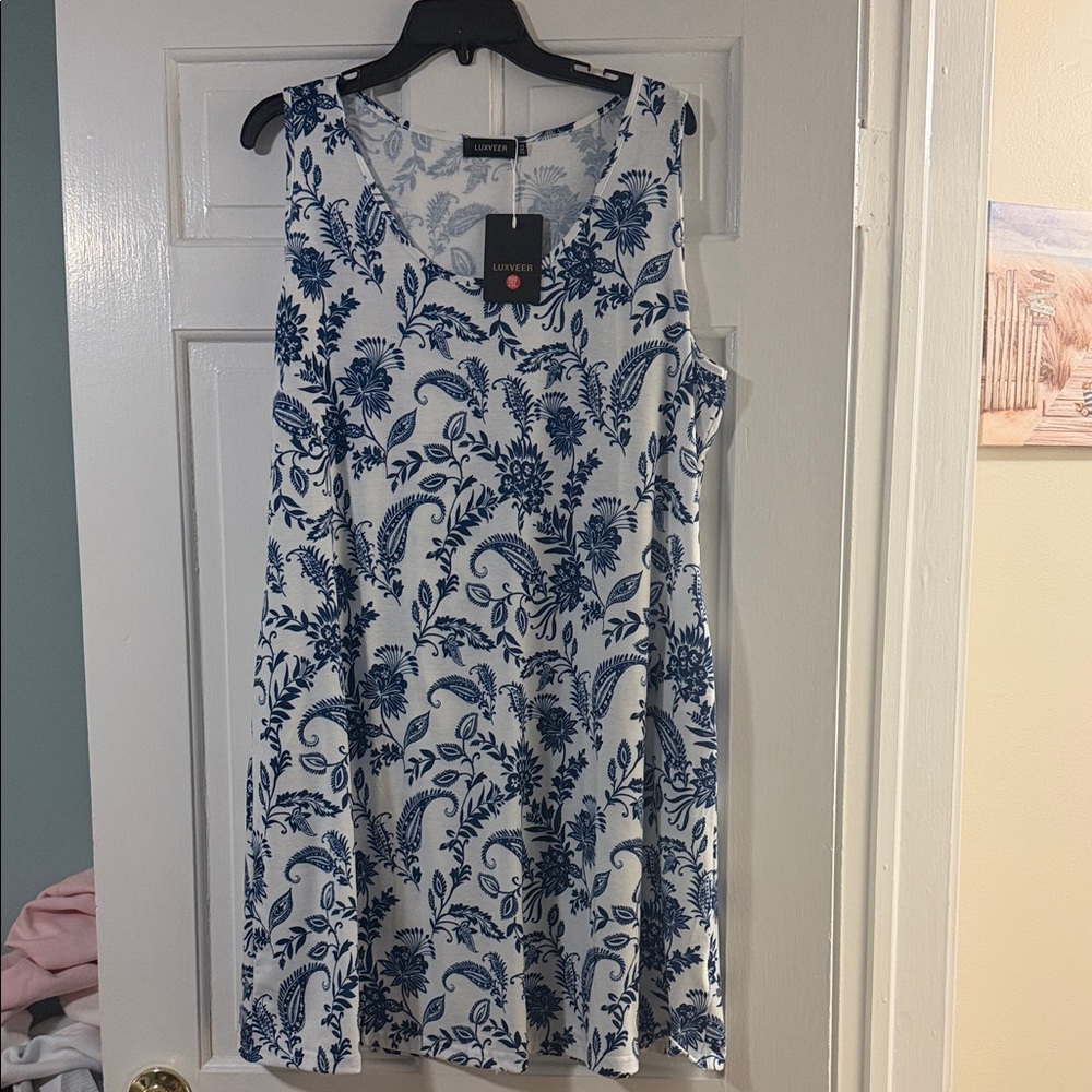 Blue Floral Sleeveless A-Line Dress